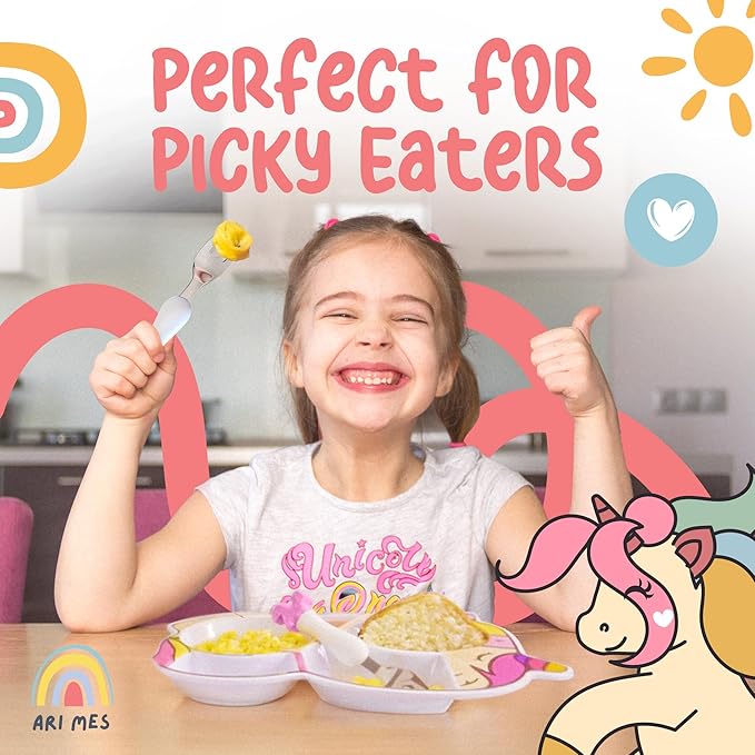 ARI MES - Unicorn Shaped Plate and Utensil Set - Fun, BPA-Free, Shatter- Resistant, Lightweight, Picky Eaters Kids Dinnerware Set, Children's Utensils, Toddler Forks and Spoons