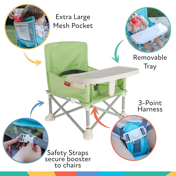 Nuby Pop-Up Booster Seat with Removable Tray - 6+ Months - Portable Booster Seat for Floor for Indoor/Outdoor Use - 3-Point Safety Adjustable Straps - Summer Travel Essentials - Green