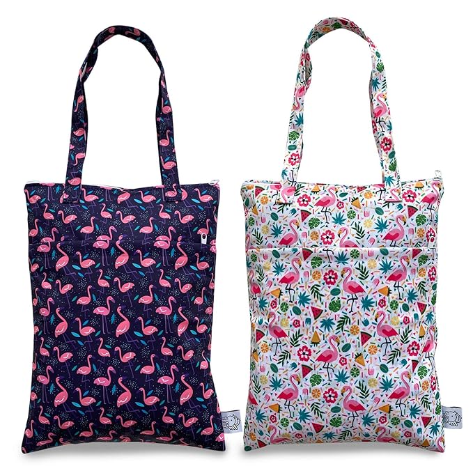 FLOCK THREE 2pcs Wet Dry Bag Waterproof Tote Reusable Wet Clothes Baby Diapers Stroller Swimsuit Travel Small Larger Electronics Toiletries Pouch Flamingo