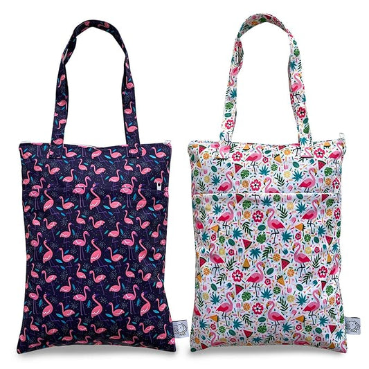 FLOCK THREE 2pcs Wet Dry Bag Waterproof Tote Reusable Wet Clothes Baby Diapers Stroller Swimsuit Travel Small Larger Electronics Toiletries Pouch Flamingo