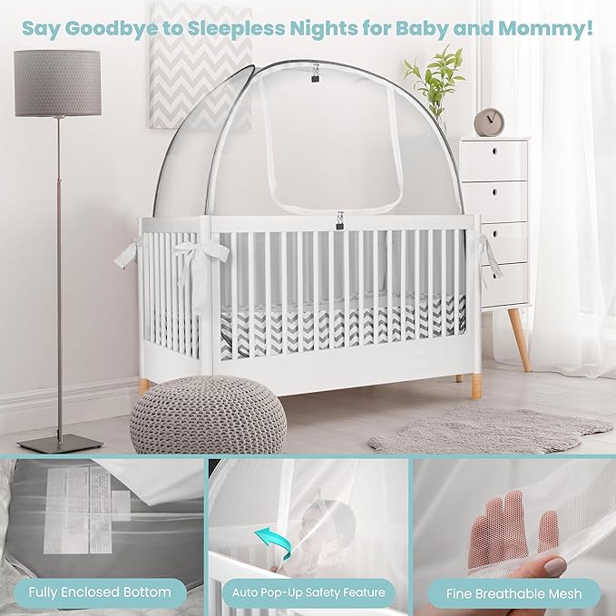 Crib Tent to Keep Baby from Climbing Out – Breathable Pop-Up Crib Net to Keep Baby in, Anti-Climb Safety Cover with Auto-Lock Zipper, Easy Install Fits Standard Cribs