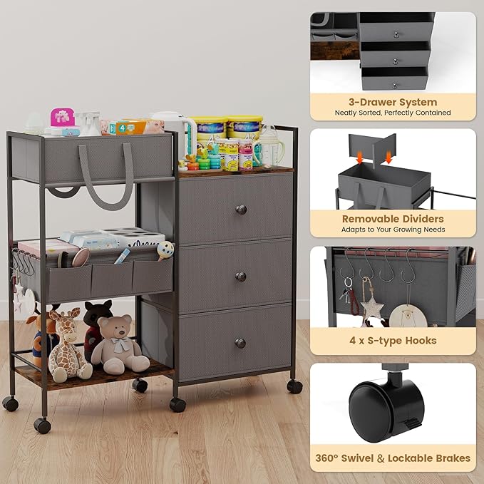 3-Tier Baby Diaper Caddy Organizer and Storage Cart, Baby Essentials with 2+2 Dividers and 3 Drawers, Large Capacity Rolling Cart for Nursery Storage, Diaper Caddy Cart for Crib, Bedroom, Bathroom
