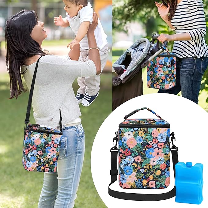 Breastmilk Cooler Bag with Ice Pack Fits 4 Baby Bottles Up To 9 Ounce Insulated Baby Bottle Bag Breast Milk Cooler on the Go with Strap Cooler Bag for Nursing Mom Daycare or Travel