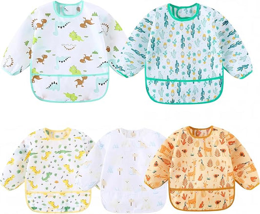 5-Pack Baby Long Sleeve Waterproof Bib Full Coverage Apron Bib Smock Toddler Bibs with Pocket 3-30 Months