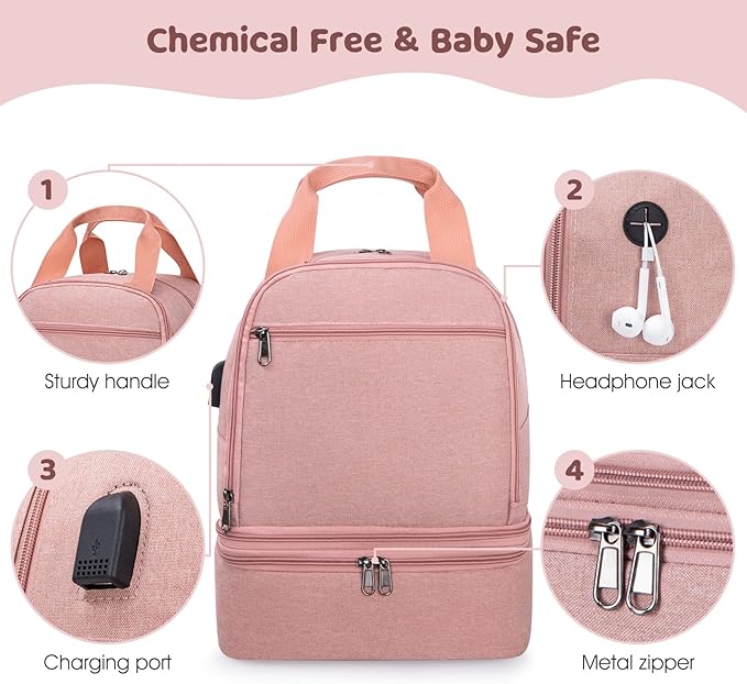 OCKLILY Breast Pump Bag Cooler Backpack — Large Insulated Milk Storage for Breastmilk — Wearable Hands-Free Pumping Tote for Working Moms (Pink)