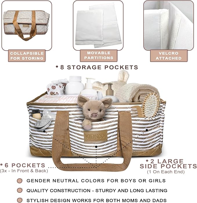 KIDSco. Baby Diaper Caddy. Portable Storage for Diapers, Wipes and Changing Table Essentials. A Nursery and Travel Must Have.