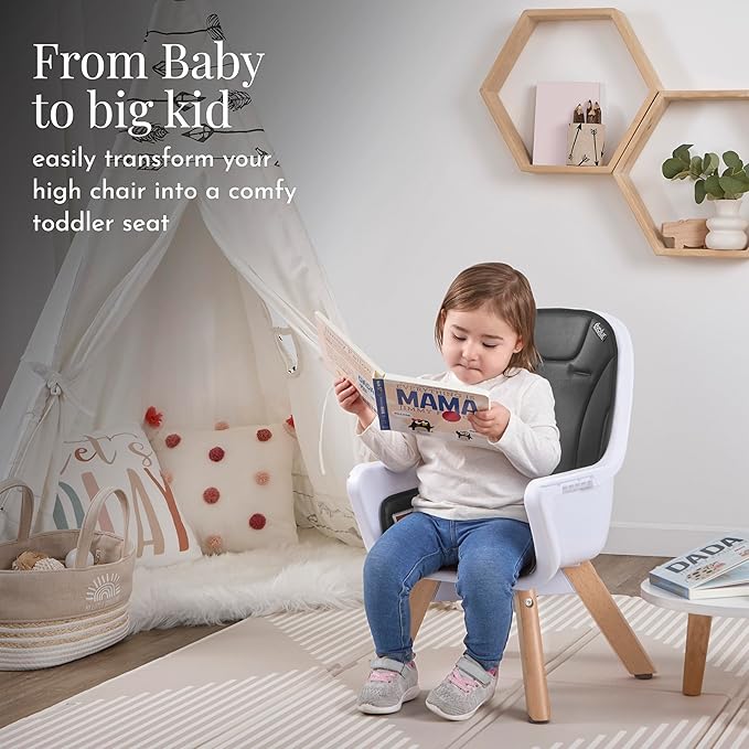 Evolur Zoodle 2-in-1 High Chair for Baby & Toddler – Convertible High Chair to Toddler Chair, Padded Seat, 5-Point Safety Harness, Dual Dishwasher-Safe Trays, Solid Beechwood Legs – Black