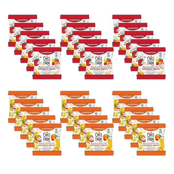 Once Upon A Farm Organic Coconut Melts Variety Pack with Probiotics, Strawberry Banana, Mango Ba-nilla, Dairy Free, Non GMO, Kosher, .25 oz (Pack of 30)