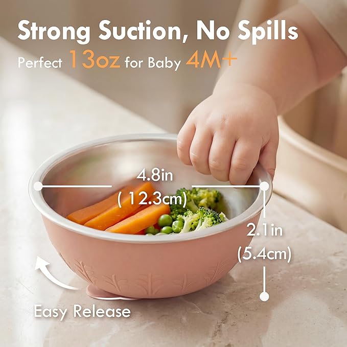 Moonkie Baby Suction Bowls for Self-Feeding: 3 Strong Suction Bases Prevent Spills - Seamless One-Piece Design for Easy Cleanup - Stainless Steel & Silicone Toddler Bowls with Lids - 13 oz 4 Pack