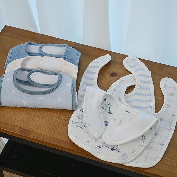 GLLQUEN BABY Muslin Drool Bibs for Boys Girls 6 Pack, Adjustable Baby Bibs for Drooling and Teething, Soft Cotton Baby Bandana Bib for Newborn Feeding Essentials (Ocean Whimsy)