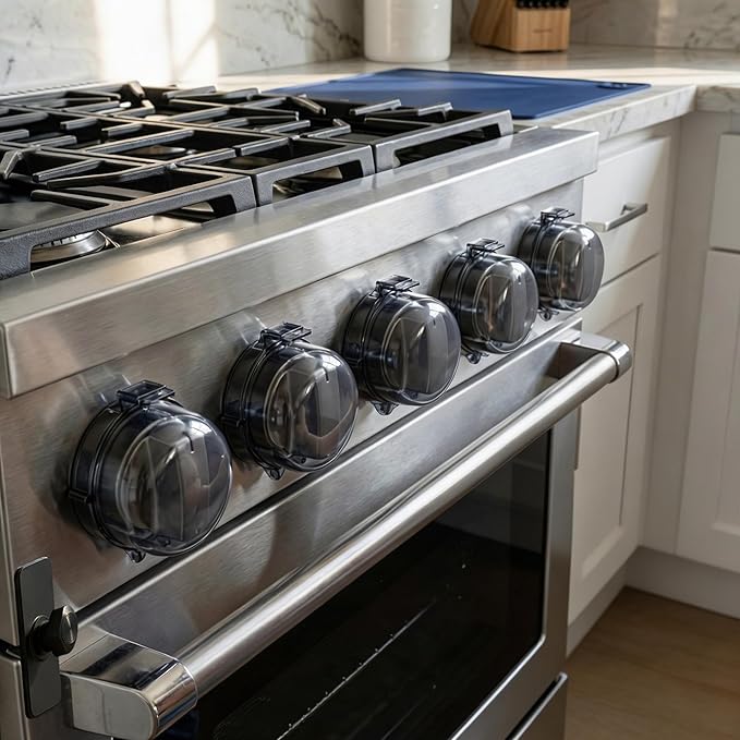 Stove Knob Safety Covers for Child (5 + 1 Pack), Upgraded Universal Size Press Gas Childproof Stove Covers with Adhesive, Heat-Resistant Oven Knob Locks for Kids and Pets (Clear)