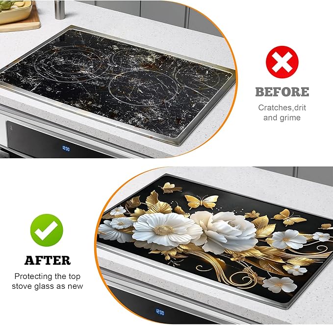 Multi-Design Stove Top Cover for Glass/Electric Stoves - 3-in-1 Heat-Resistant Protector Mat, Non-Slip Drying Rack 30" L x 21" W (Butterfly-Flower)
