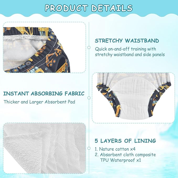 Baby Potty Training Underwear Set Soft Cotton Trainer Underwear for Kids 3T Construction Vehicles