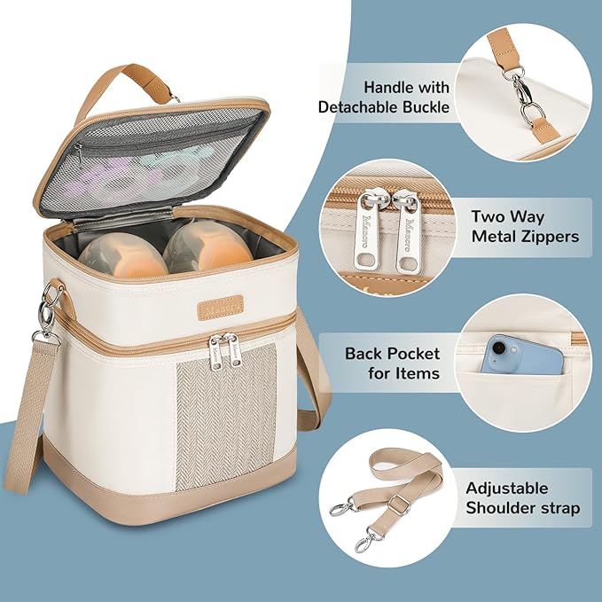 Mancro Breastmilk Cooler Bag with Ice Pack, Double Layer Breast Milk Cooler Bag Fits 6 Bottles Up to 9 Ounces, Breast Pump Bag with Cooler for Daycare & Nursing, Green