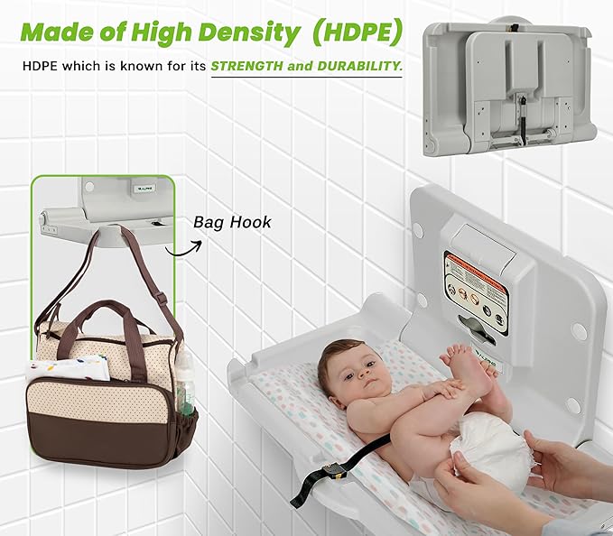 Alpine Wall Mounted Baby Changing Station - Horizontal Baby Changing Table Foldable Diaper Tables with Safety Strap for Commercial Bathroom, ADA Complaint (Hardware Included) White Gray