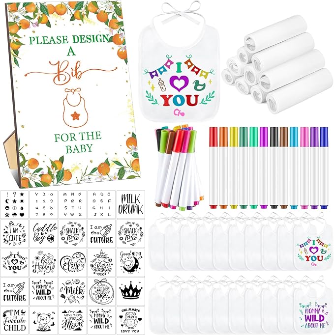 Panitay 100 Pcs DIY Baby Bibs Decorating Kit 50 White Bibs 25 Stencils 24 Markers 1 Baby Shower Game Sign