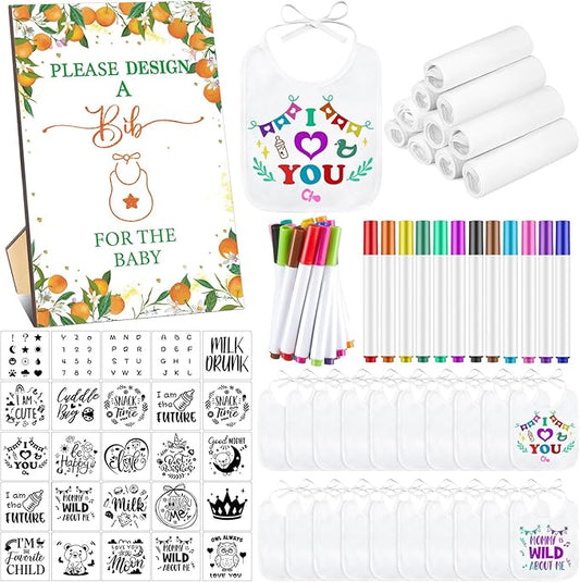Panitay 100 Pcs DIY Baby Bibs Decorating Kit 50 White Bibs 25 Stencils 24 Markers 1 Baby Shower Game Sign