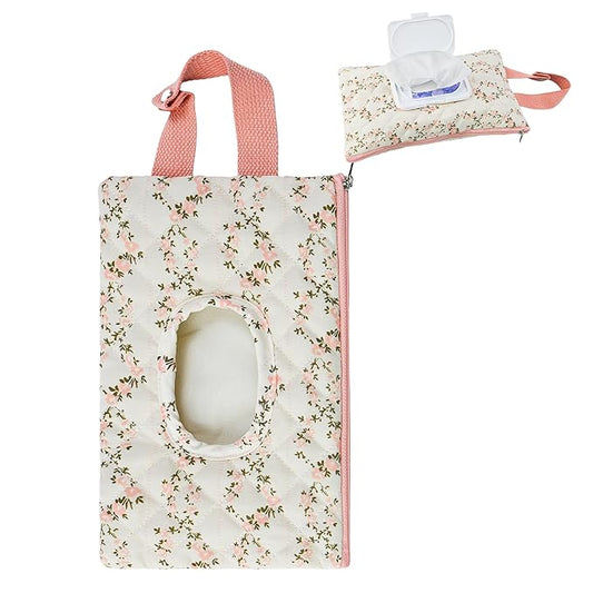 Quilted Baby Wipe Holder Floral Diaper Pouch Portable Quilted Wipes Bag for Car, Stroller
