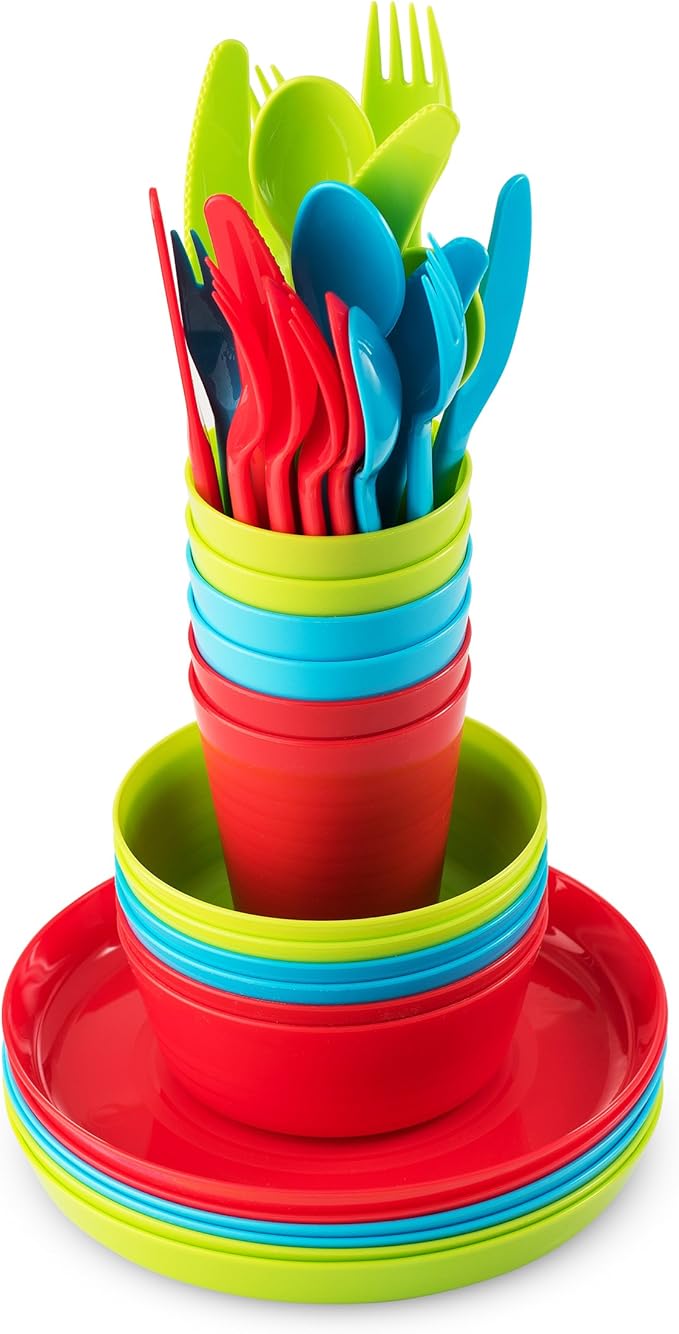 PLASKIDY Kids Plastic Dinnerware Set - 36 Pc Reusable Children's Dinner Set Microwave / Dishwasher Safe BPA Free Toddler Dishes Dinnerware Set Includes Kids Plates and Bowls Kids Cups & Flatware.