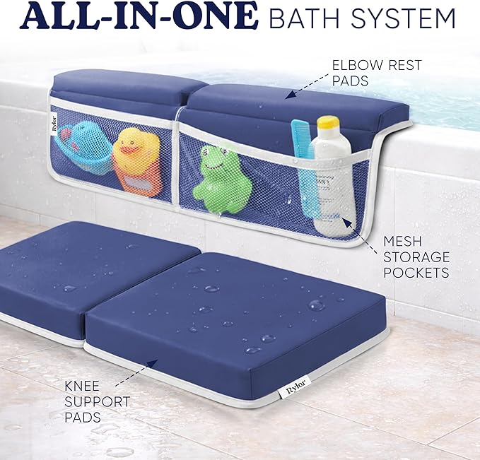 Rylor Premium Baby Bath Kneeler Mat & Elbow Rest Pad Set – Comfortable Bath Kneeler and Elbow Kneeling Rest Pad for Parents, Extra Long 26'', 2.4'' Thick, Non-Slip Support for Easy Bath Time (Blue)