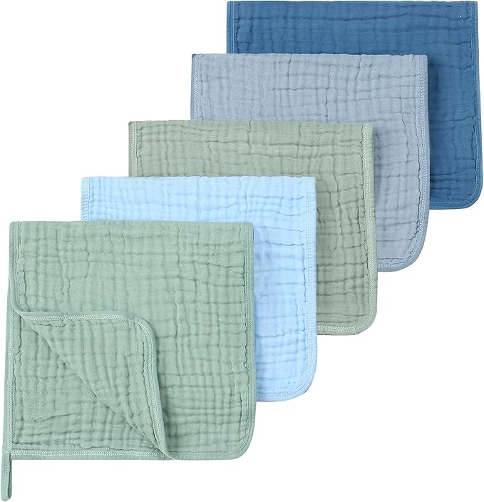 Muslin Burp Cloths 5 Pack Large 20x12 inches Baby Burping Cloths, 6-Layer 100% Cotton for Newborn Boys Girls, Ultra Soft & Absorbent (Blue & Green)