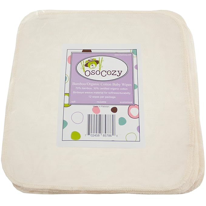 OsoCozy Organic Flannel Cloth Baby Wipes - Reusable & Washable Saves Money. 100% Unbleached Organic Cotton. Colorful Stitching. 9 x 9 Inches Each and 3 Pack of 12 Per Package