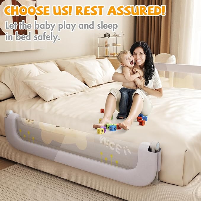Bed Guard Rail for Toddlers - 47 inches Lift Foldable Toddler Bed Rails for Kids - Safety Baby Bed Rail Guard with Reinforced - Great Fit for Kids Twin Double, Full Size, Queen, King Size