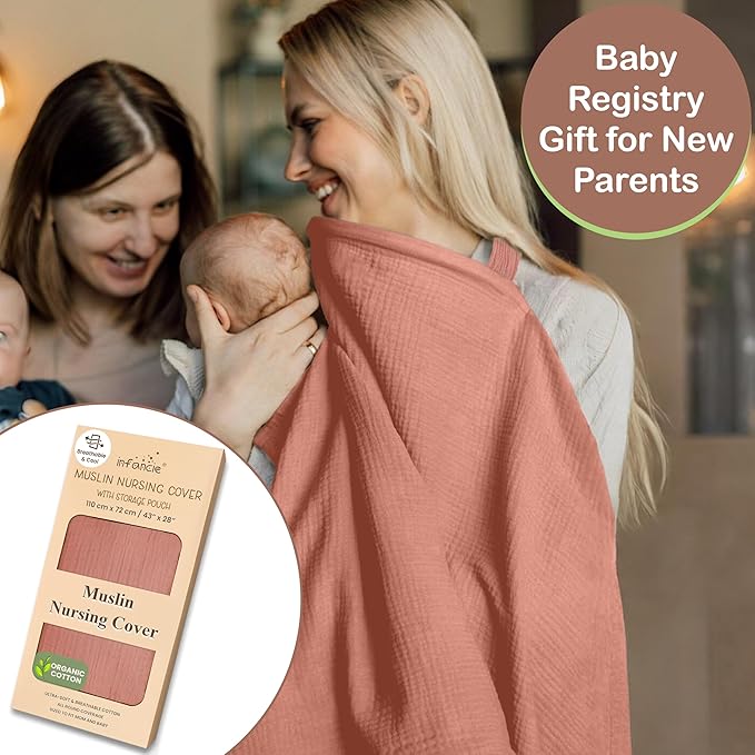 100% Organic Cotton Nursing Cover & Shawl - 43 x 28 Inch Breathable Muslin Breastfeeding Nursing Apron Cover with Arch Neckline for Mothers, Multi-use Carseat Canopy (Rust)