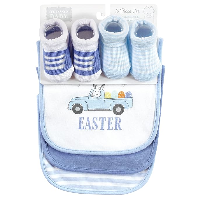 Hudson Baby Unisex Baby Cotton Bib and Sock Set, Easter Truck, One Size