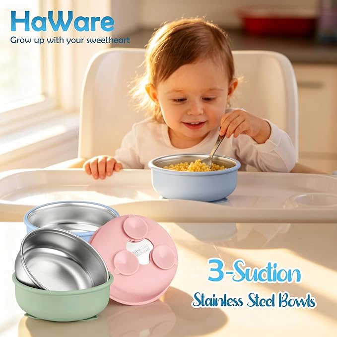 HaWare Baby Bowls with Suction, Stainless Steel Toddler Bowl with Removable Silicone Sleeve, Non-Slip Child Food Bowl with Silicone Suction, Unbreakable Kids Bowls for Feeding, Blue+Green+Pink, 3 Pack