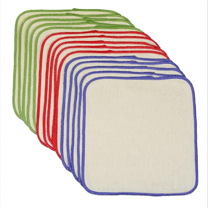 OsoCozy Unbleached Flannel Cloth Baby Wipes - Reusable & Washable Saves Money - 100% Cotton - Soft and Durable - Colorful Stitching - 8 x 8 inches - Three 15 Packs