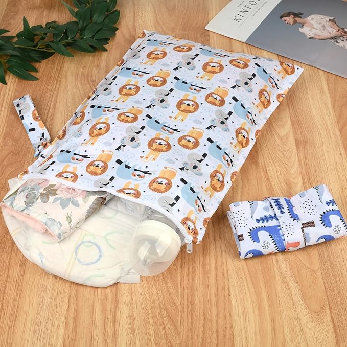 Mess-Proof Waterproof Wet Dry Bag,2 Pack Reusable Wet Bags for Swimsuits& Baby Clothes,Leakproof Wet Bag for Travel & Diaper Changes for Baby-Dinosaur,Lion