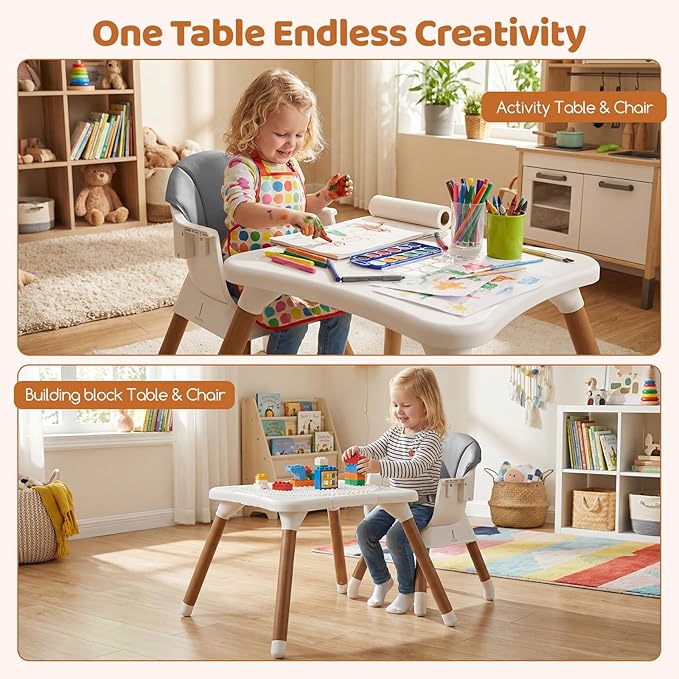 INFANS Baby High Chair, 9 in 1 Convertible Highchair for Babies and Toddlers, Building Block Table Dining Booster Seat Activity Desk Kids Stool with Adjustable Removable Tray (Light Grey)