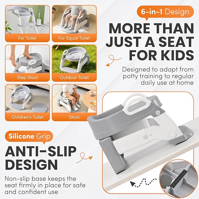 Upgraded Potty Training Seat with Step Stool Ladder – 6-in-1 Foldable Toddler Toilet Seat with Adjustable Height, Anti-Slip Steps & Detachable Bowl for Boys & Girls Ages 1-7 (Gray & White)