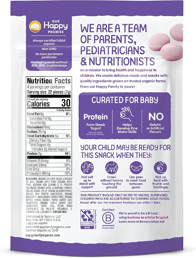 Happy Baby Organics Baby Snacks, Greek Yogis, Freeze Dried Yogurt &Veggie Fruit Snacks, Gluten Free Snack for Babies 9+ Months, Blueberry & Purple Carrot, 1 Ounce