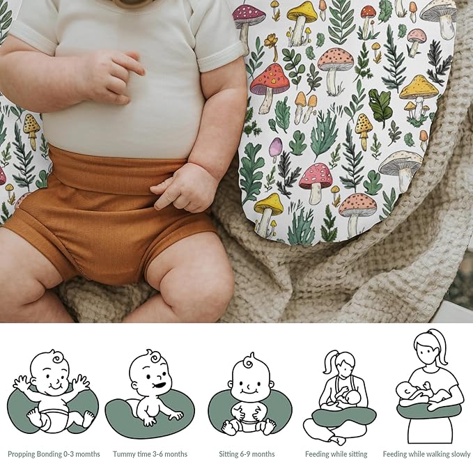 Colorful Mushrooms Green Leaves Baby Nursing Pillow Covers for Boy Girl Fall Mushroom Forest Nursing Pillowcase for Breastfeeding Pillows Autumn Soft Stretchy Slipcovers for Newborn Infant