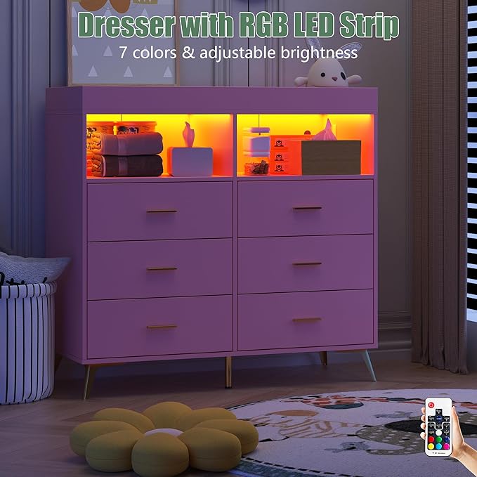 Changing Table Dresser with Drawers, Baby Dresser with Changing Table Top, Power Outlet, LED Light & Metal Feet, Diaper Changing Station Nursery Organizer for Infants Newborn, Pink