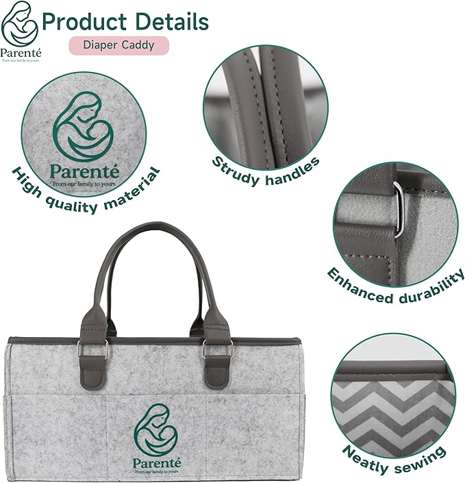Diaper Caddy Organizer for Baby Essentials, Portable Nursery Storage Bin with Handles, Large Capacity for Diapers, Wipes, Toys, Changing Table or Car, Felt Diaper Organizer