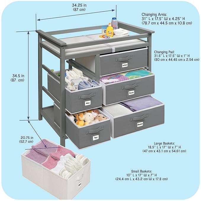 Badger Basket Modern Baby Changing Table - Diaper Station Organizer with 6 Storage Drawers, Reversible Baskets, Safety Rails - Baby Nursery Furniture with Changing Pad and Belt - Gray