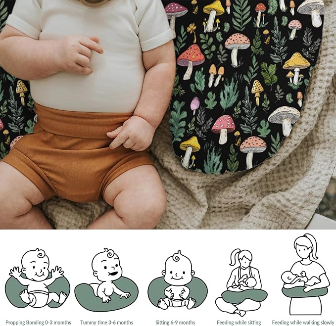 Colorful Mushrooms Green Leaves Baby Nursing Pillow Covers for Boy Girl Fall Mushroom Forest Nursing Pillowcase for Breastfeeding Pillows Autumn Soft Stretchy Slipcovers for Newborn Infant