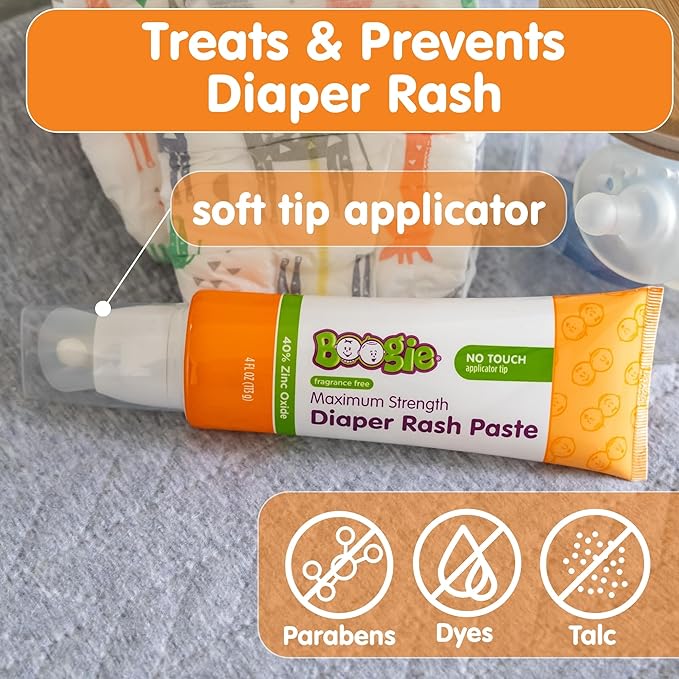 Boogie Diaper Rash Paste, Maximum Strength 40% Zinc Oxide, Mess-Free Applicator, Soothes Baby Bum, Diaper Bag Essential, 4oz (Pack of 2)