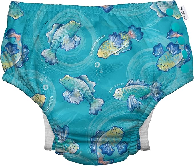 i play. by green sprouts Reusable, Eco Snap Swim Diaper with Gussets, UPF 50, 24 mo, Aqua Mandarin Fish - Biodiversity, Patented Design, STANDARD 100 by OEKO-TEX Certified