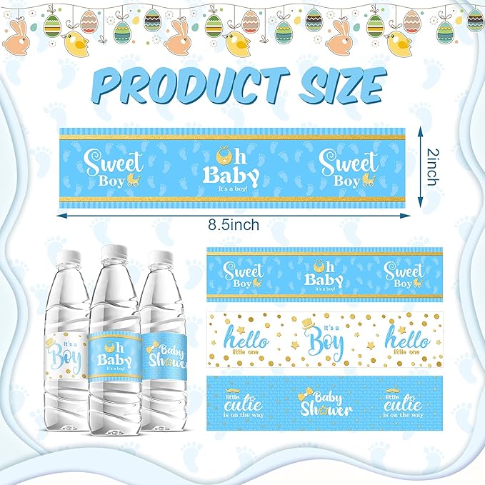 Teling 80 Pieces Baby Shower Water Bottle Labels Waterproof Water Bottle Stickers Wrappers Labels for Baby Shower Party Decoration(Blue Boy Style)