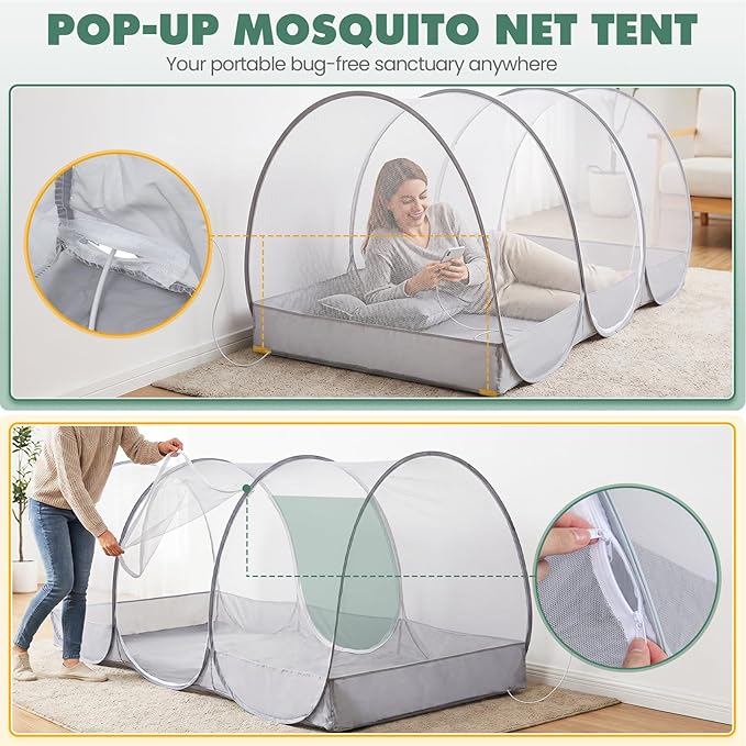 Orzbow Large Mosquito Net | Portable Pop Up Mosquito Tent for Insect, Fly & Bug Protection with Charging Cable Access and Storage Pocket for Bed, Camping, Beach, Travel, Outdoor, 74.8" x 35.4" x 33.4"