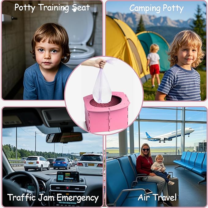 Portable Potty Seat for Toddler Foldable Travel Potty Training Toilet Seat with Cleaning Bags Reusable for Outdoor Camping, Travel, Kids Toddler Travel Potty Seat (Pink)
