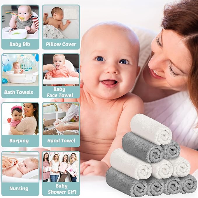 Newwiee 50 Pack Baby Burp Cloths 20''x10'' Absorbent Burping Cloths for Girl Boy Large Baby Rags Towels for Newborn Essential(Gray, White)