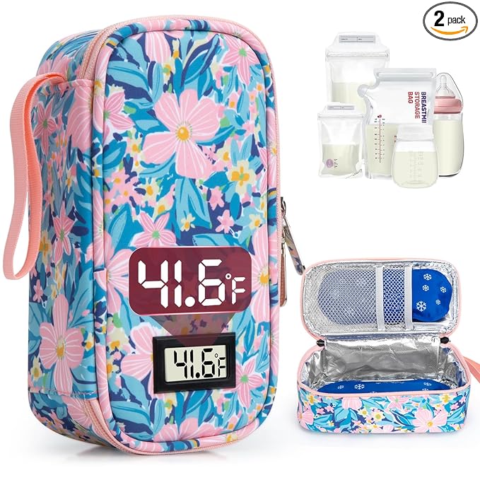 Breast Milk Cooler Travel Bag, Real-Time Temperature Display, Holds 4-6 Breastmilk Storage Bag with 2 Breast Milk Ice Pack, Cooling & Waterproof Portable Cooler for Moms on the Go (Pink Flower)