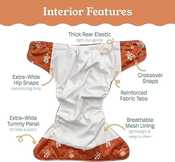 Kinder Cloth Diapers Reusable Baby Diapers Pocket Style Athletic Wicking Jersey, Bamboo Viscose Inserts, Wet Bag, Newborn to Potty Training 7-60lbs, One Size (Boho Florals, 5 Pack, with Inserts)