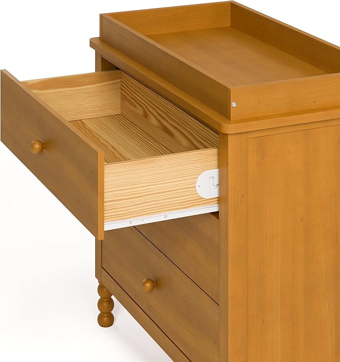 Storkcraft Rio 3 Drawer Chest with Changing Topper (Almond) – GREENGUARD Gold Certified, Premium Wood Dresser for Baby & Kids Bedroom, Safety Interlocking Drawers, Pre-Installed Tracks, Kids Chest