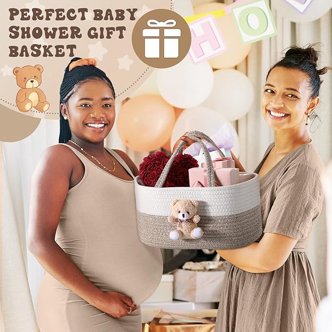 FoldTier Bear Diaper Caddy Organizer Cart Storage for Nursery with Handle, Bear Baby Shower Basket Gift Bath Caddy for Diapers and Baby Wipes, Basket for Nursery(Gray White)